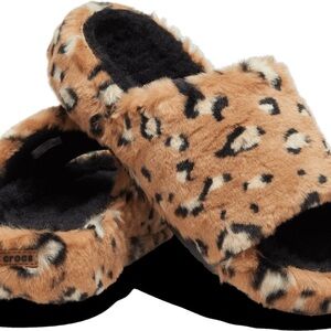 CROCS Leopard Print Fuzzy Slippers